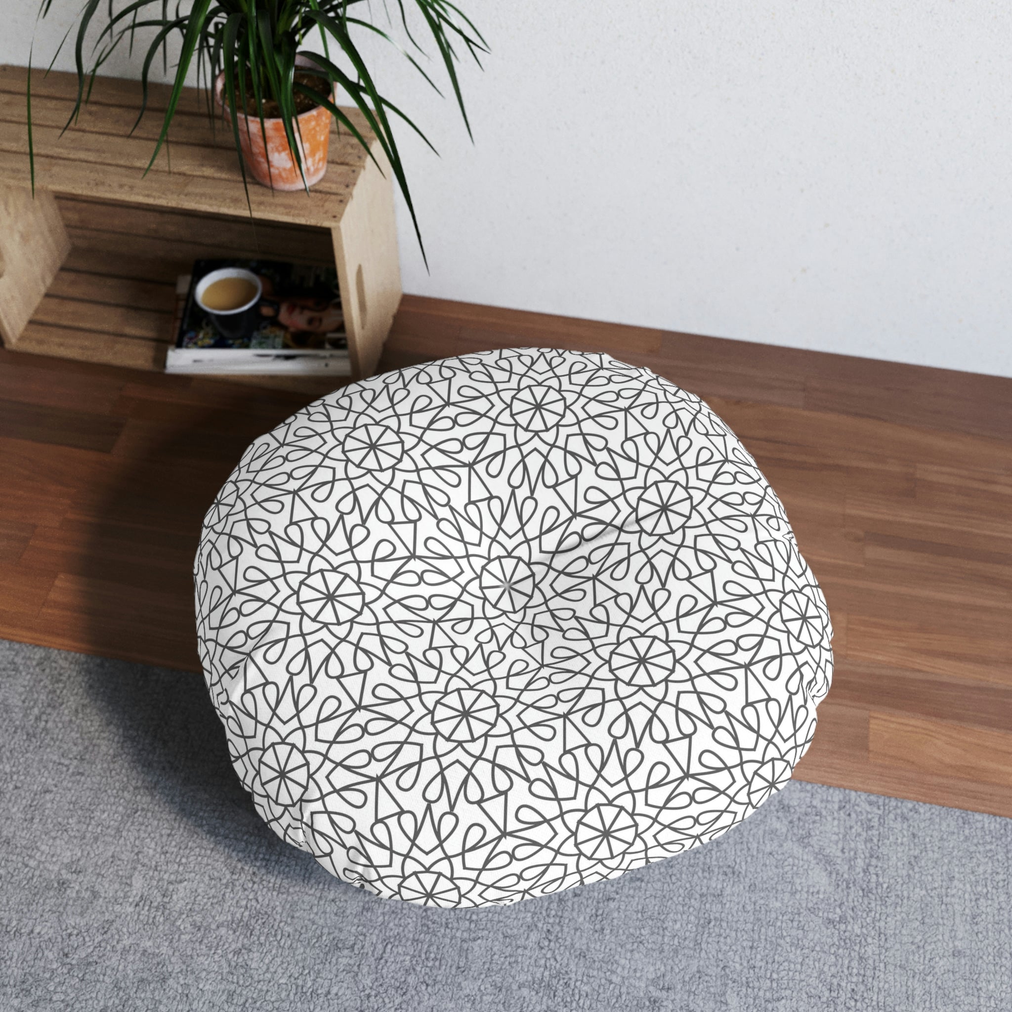 Tufted Floor Pillow, Round - Geometry - Dark Gray