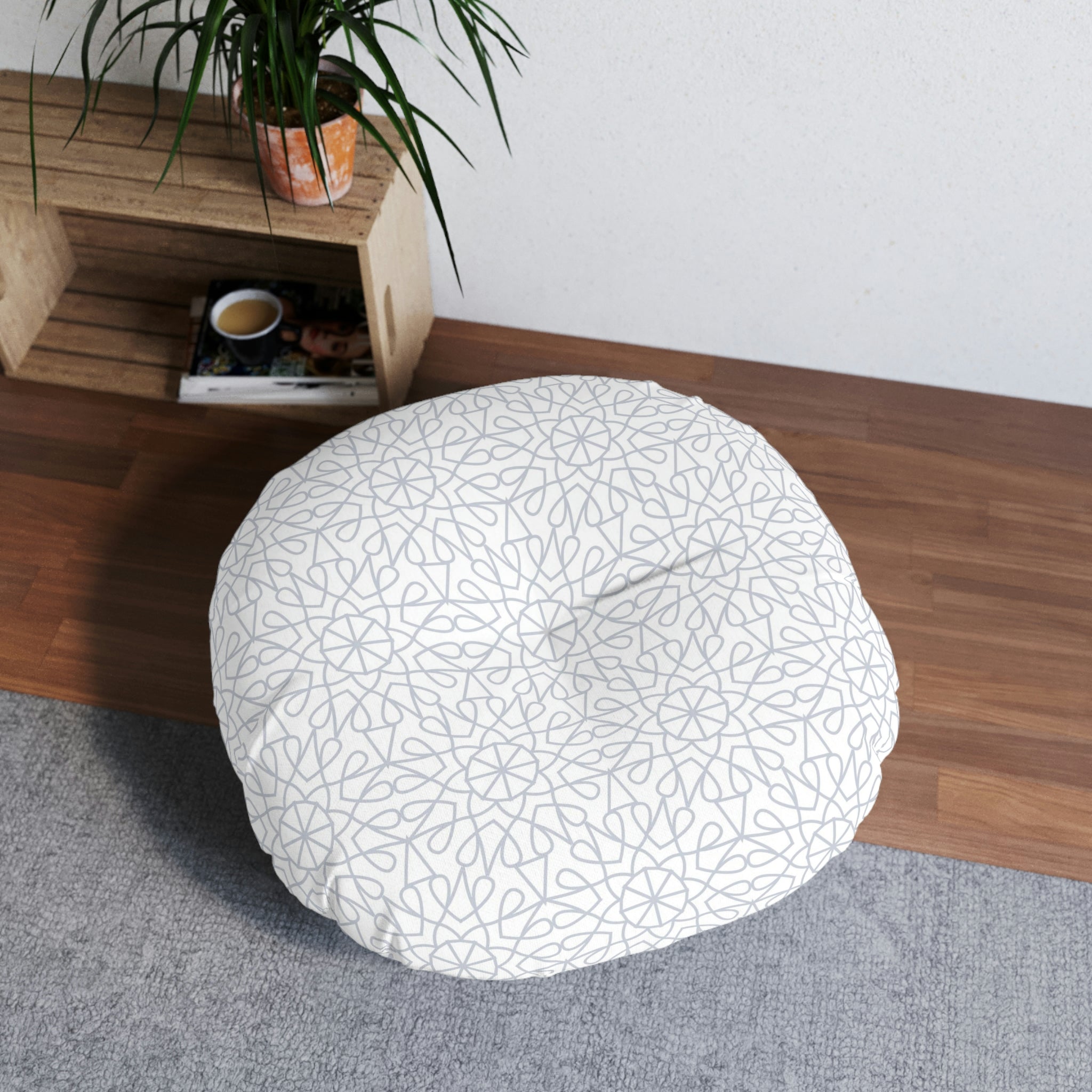 Tufted Floor Pillow, Round - Geometry - Light Gray