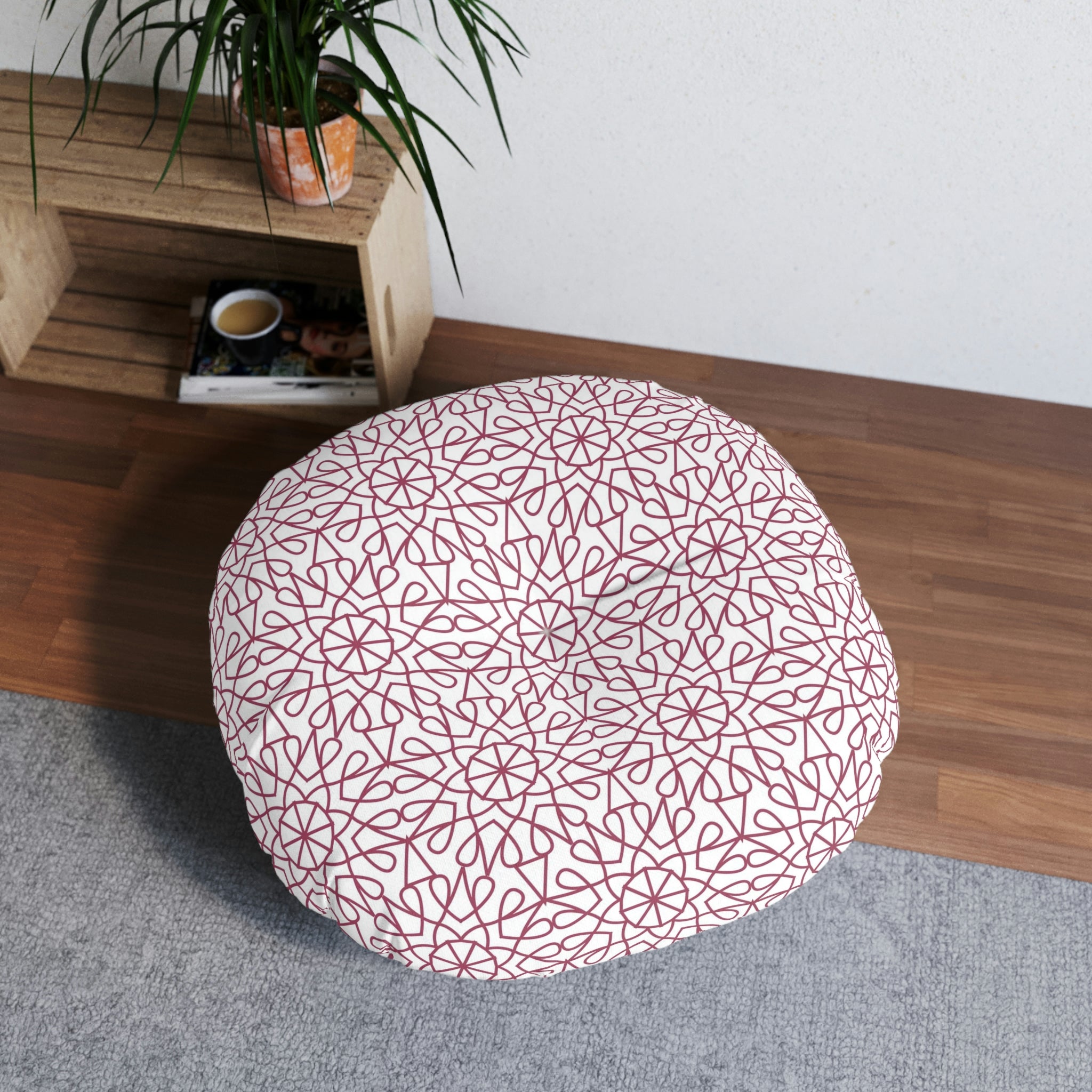 Tufted Floor Pillow, Round - Geometry - Burgundy