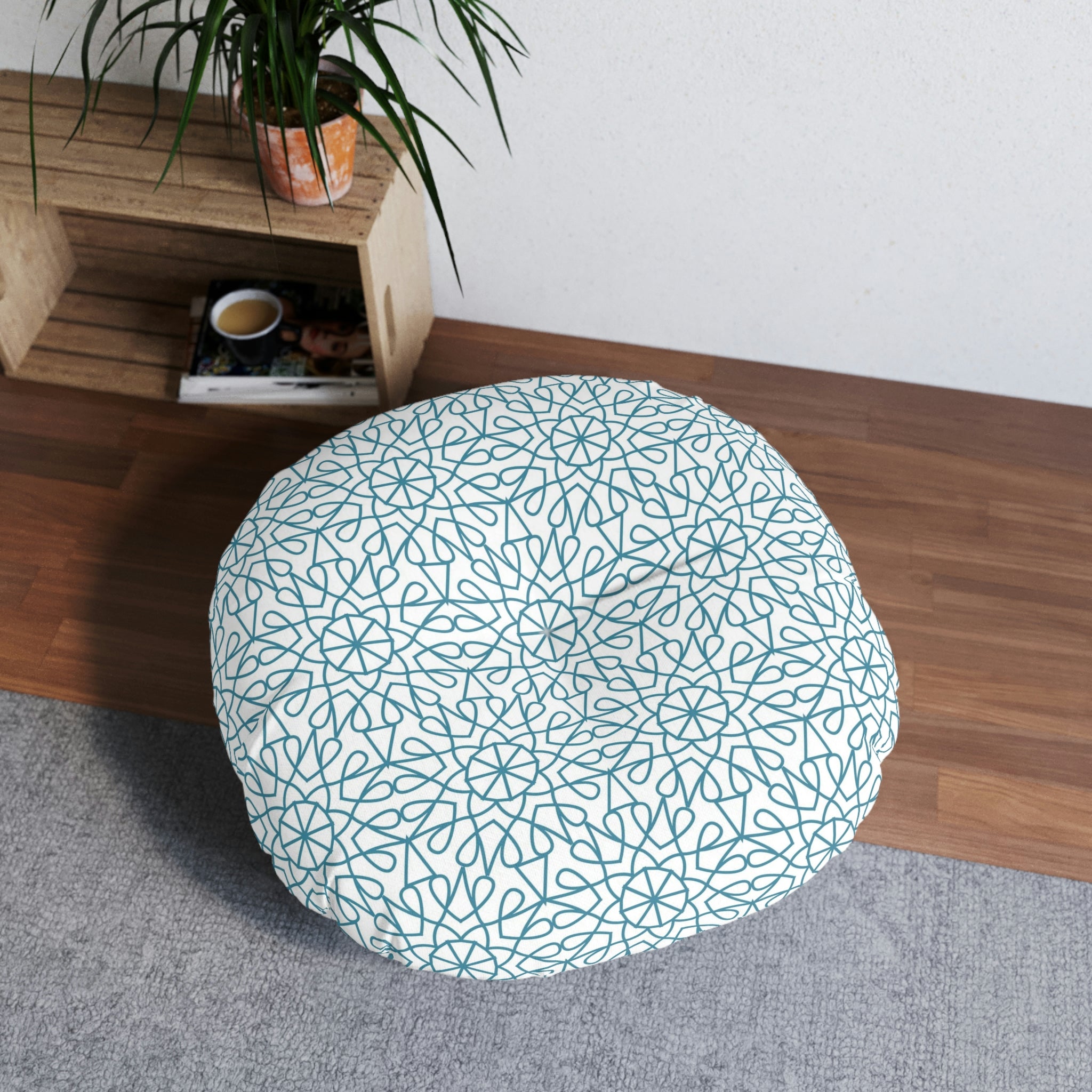 Tufted Floor Pillow, Round - Geometry - Aquamarine