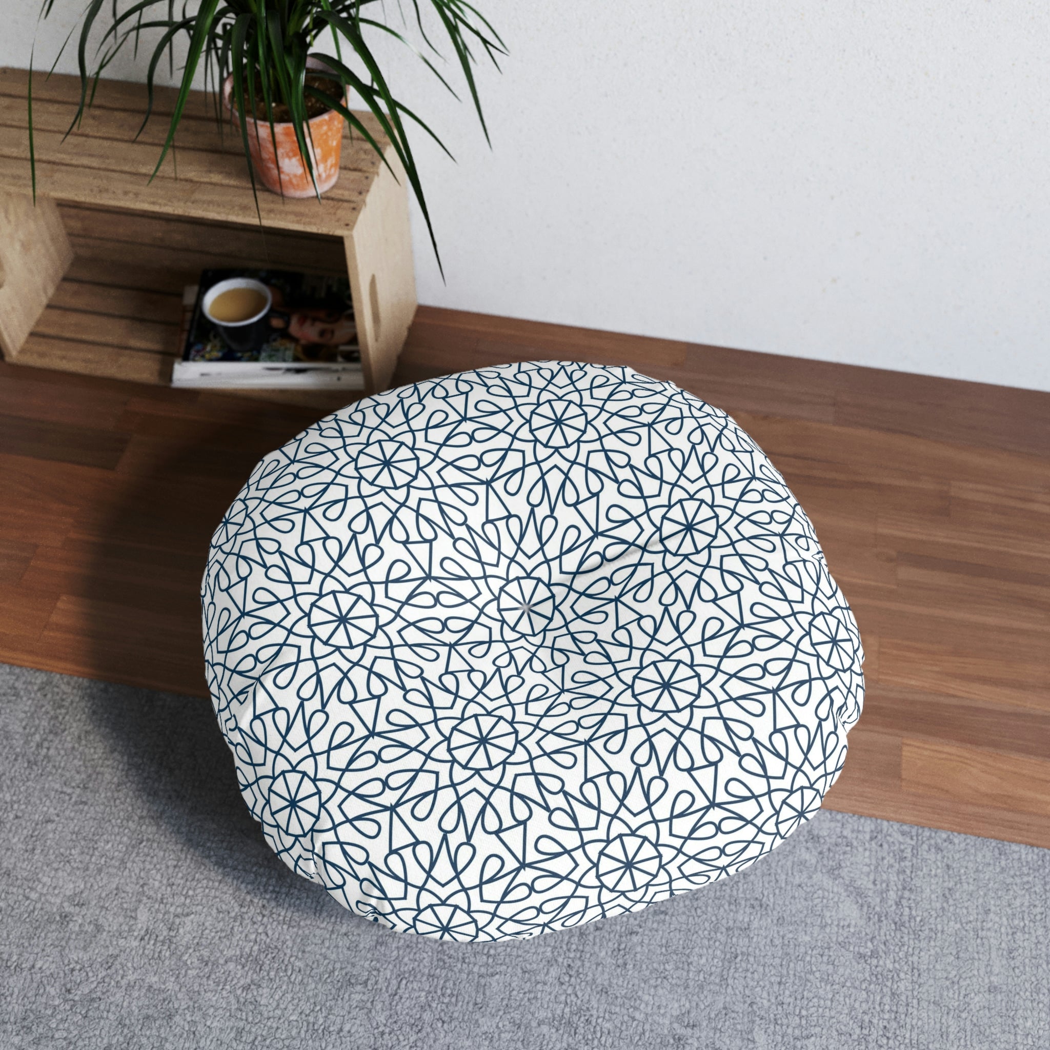 Tufted Floor Pillow, Round - Geometry - Midnight Blue