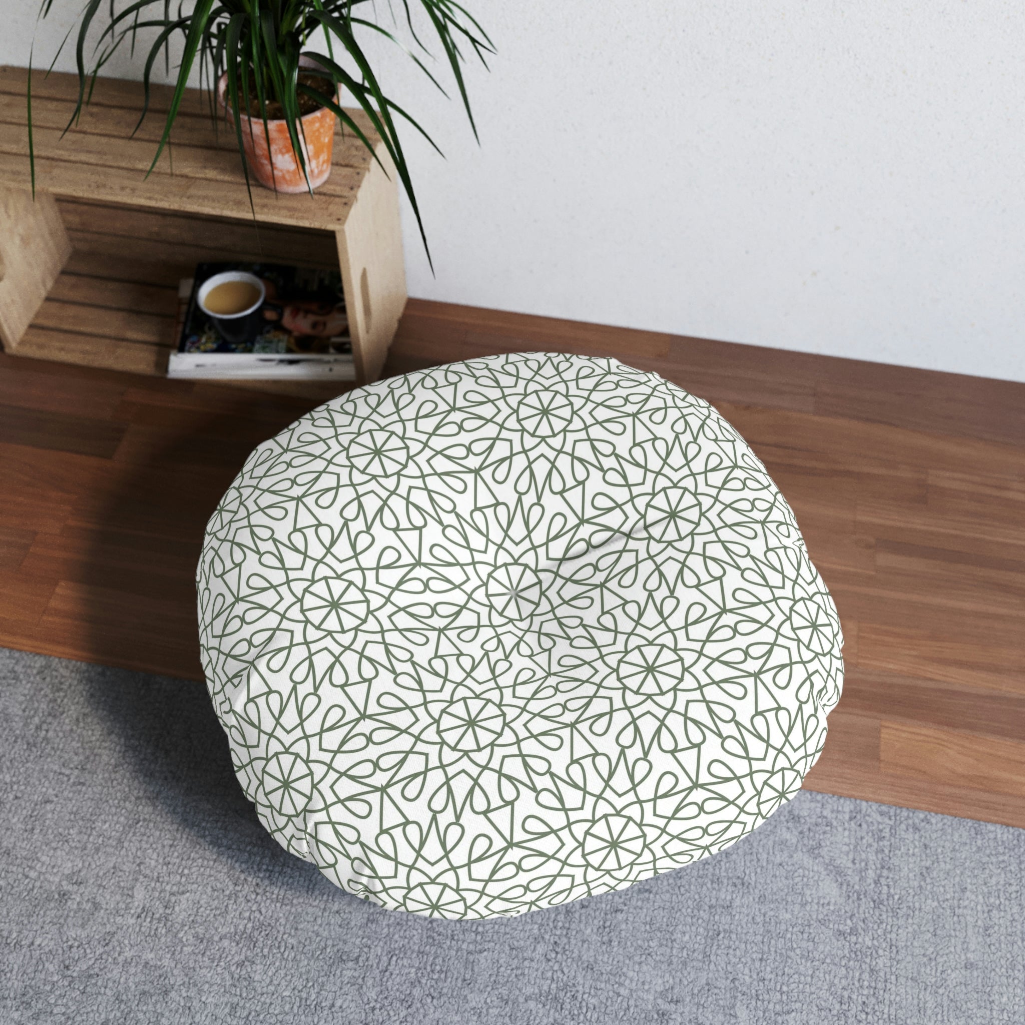 Tufted Floor Pillow, Round - Geometry - Olive